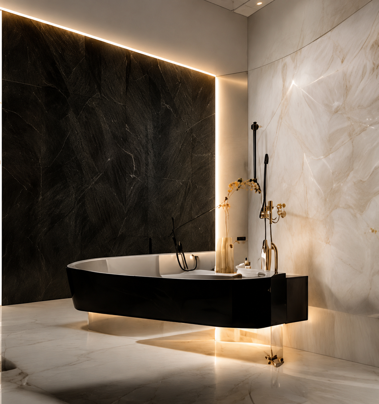 Black stone bathroom with brass fittings