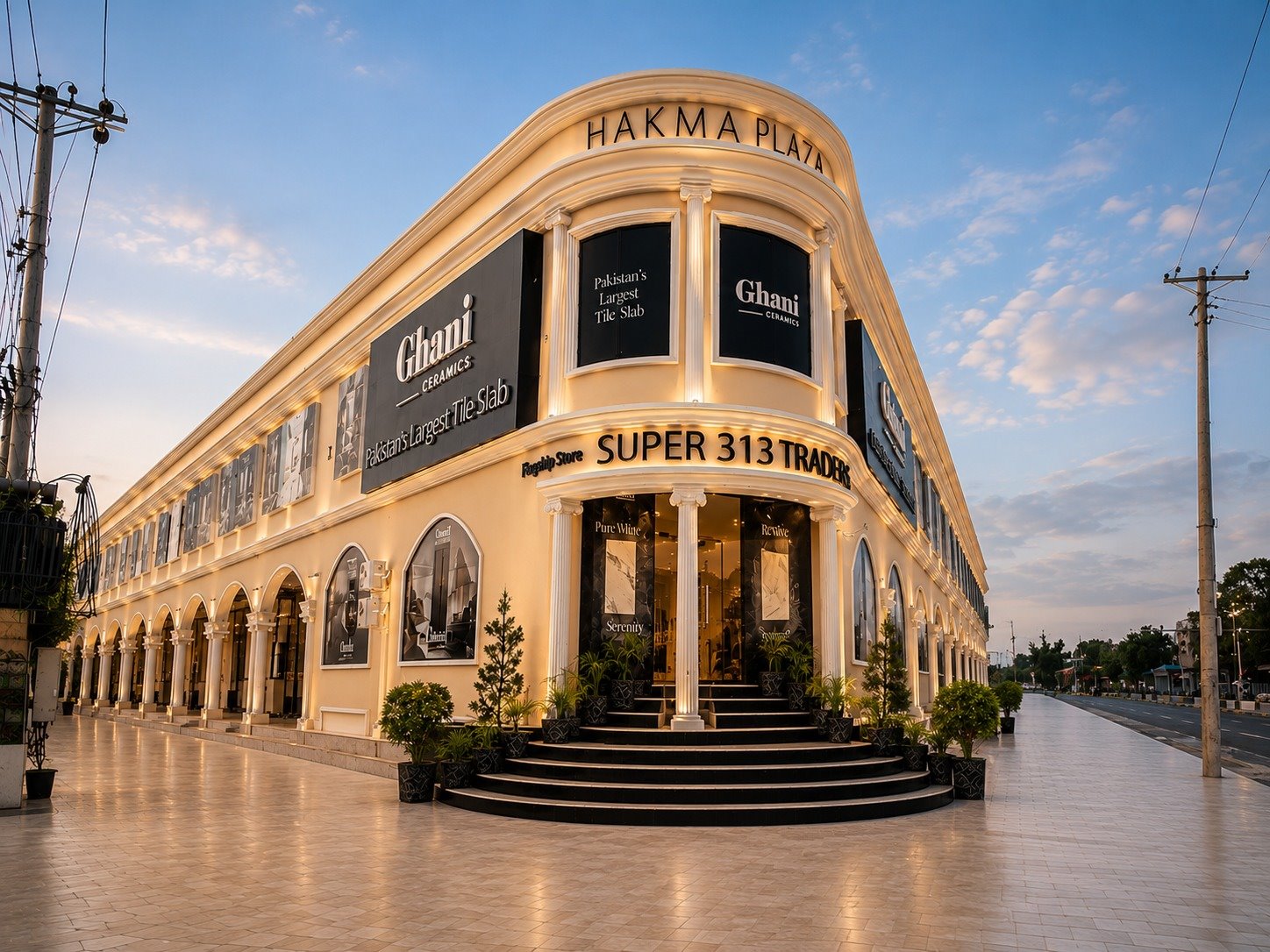 Super 313 Traders flagship store at Hakma Plaza, Gujranwala, at golden hour