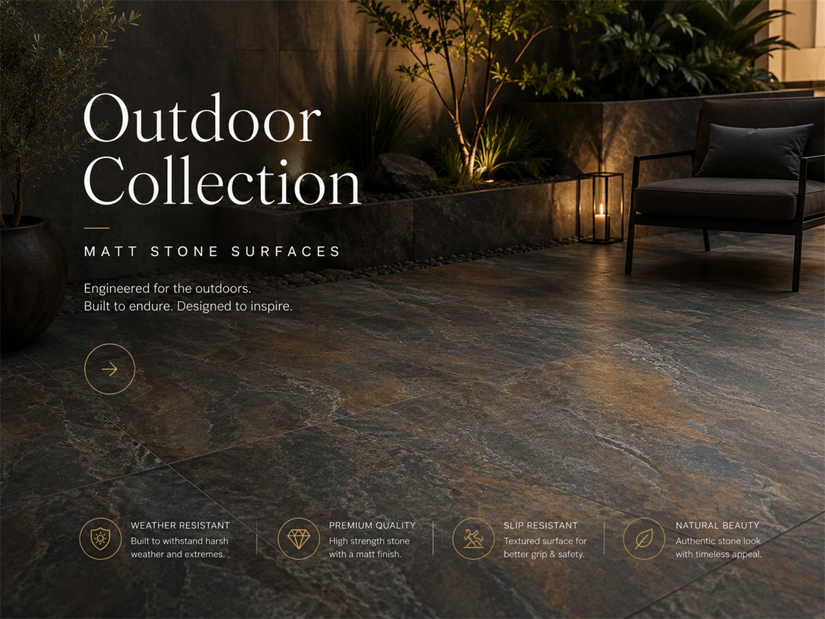 Matt stone outdoor surface in weathered rust tones