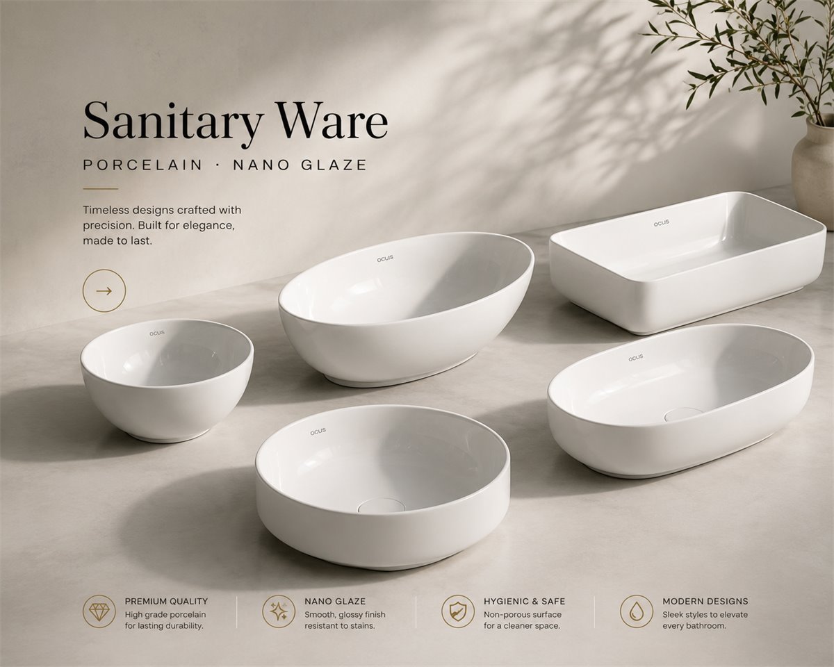 Porcelain sanitary ware basins in nano-glaze white