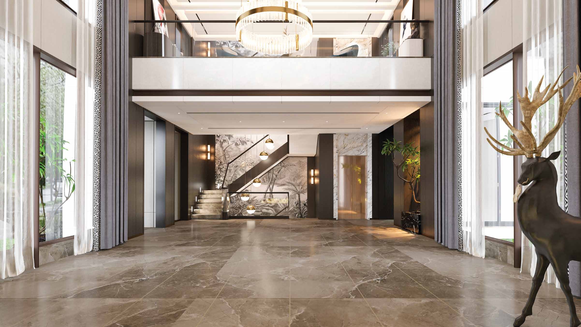 Grand lobby floored in large-format porcelain tile